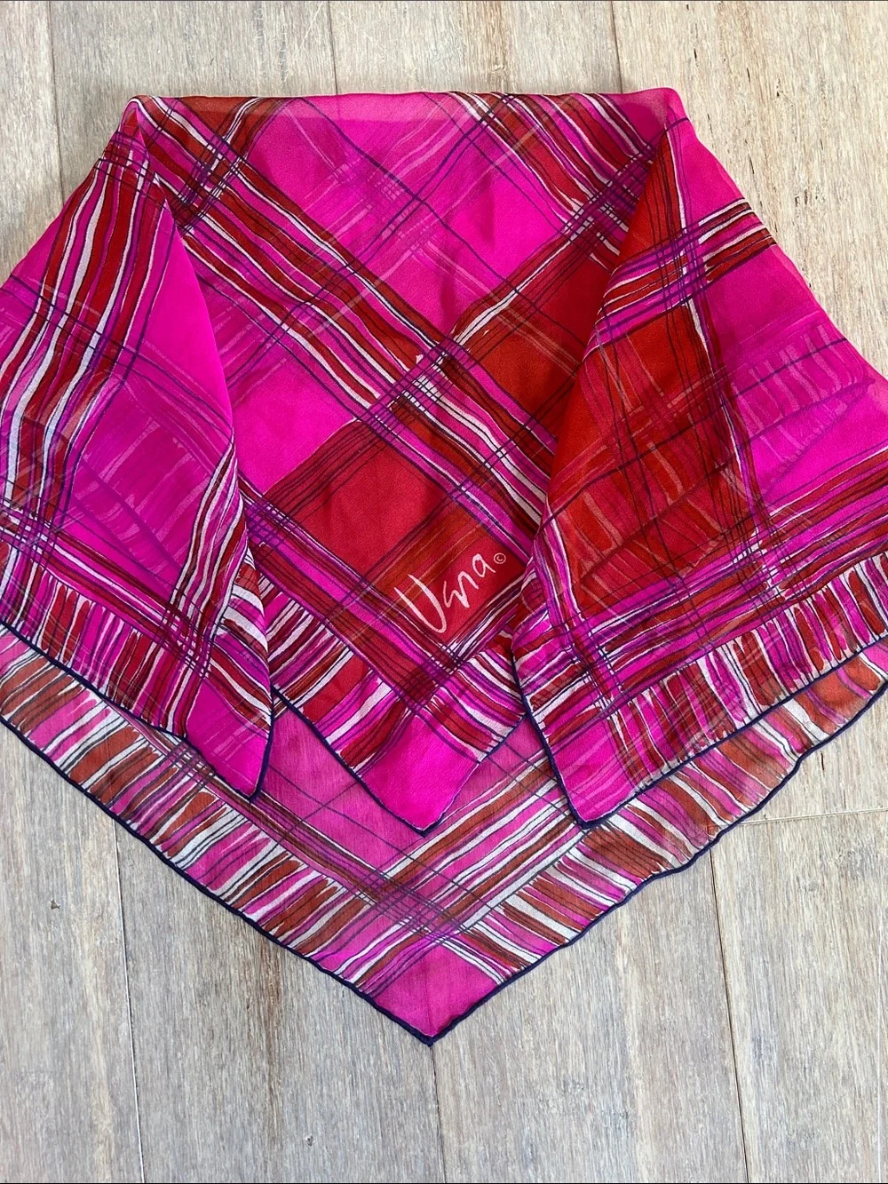Ugna silk chiffon Vibrant Pink & red Plaid Square Scarf printed look rolled hem